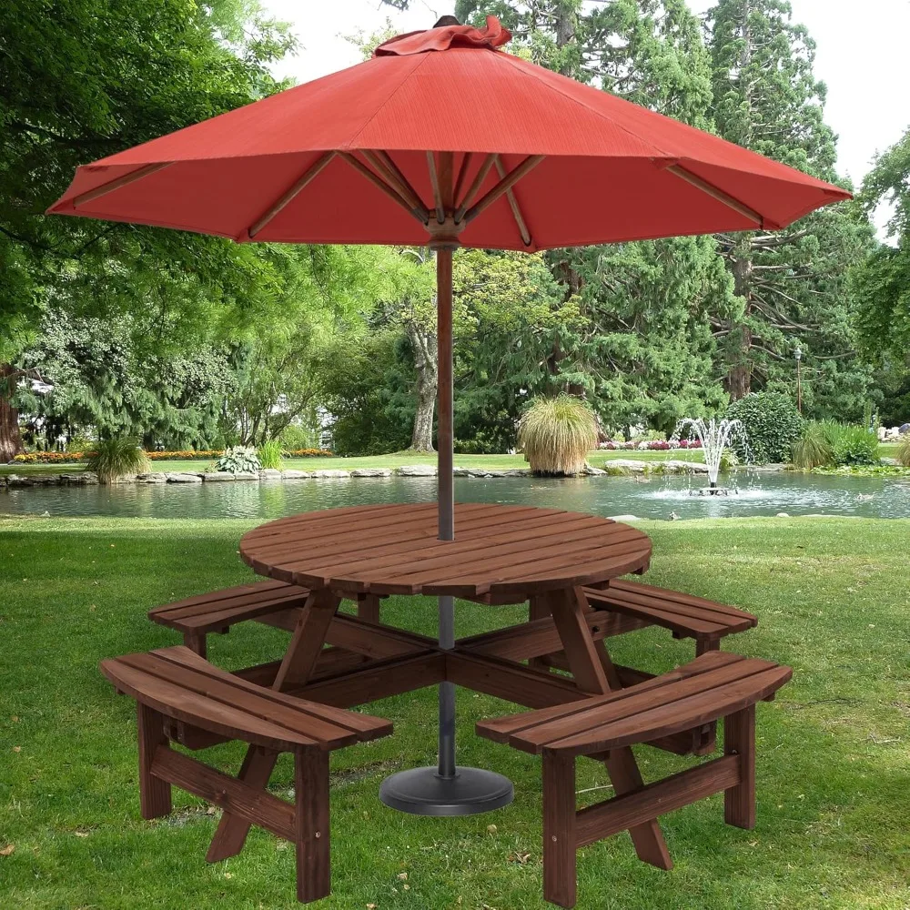 

8-Person Outdoor Round Wooden Picnic Table with 4 Built-in Benches, Outdoor Dining Set with Umbrella Holes, 2220 lb. Weight Capa