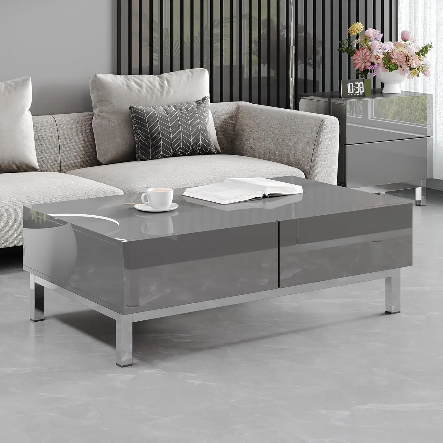 

High Gloss Coffee Table 40in 2 Magnetic Drawers Rectangular Minimalist Center Table Living Room Office, Customized