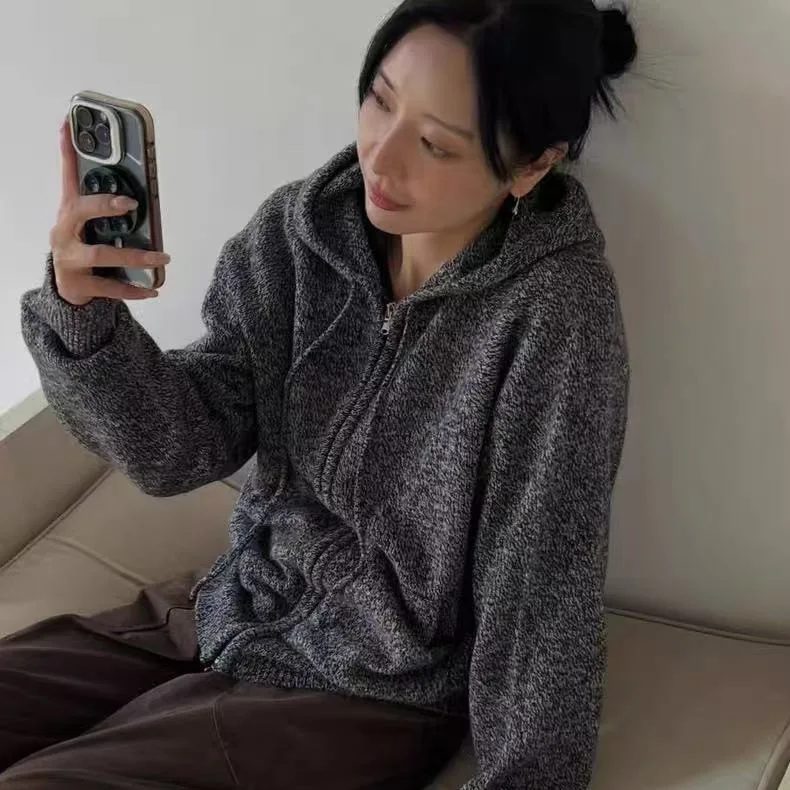 

Woolen Knitted Hooded Zipper irt Noing Wren Winter Faion Women's Cardigan Sle Regular Thin Chinese Made