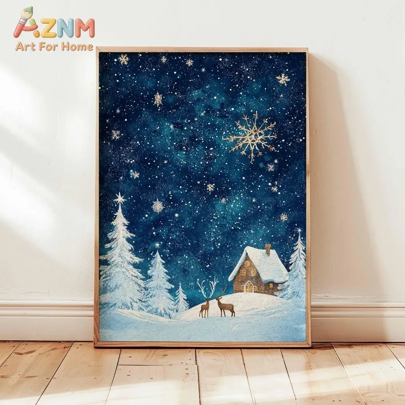 Magical Snowy Cabin Deer Starry Sky Christmas Canvas Poster Prints Frameless Wall Art Festive Winter Cozy Warm Decorations