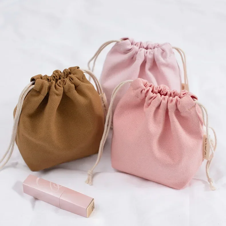 Small Solid Color Blank Canvas Bundle Pocket Drawstring Portable Storage Bag Cosmetic Lipstick Mini Cotton Storage Bag