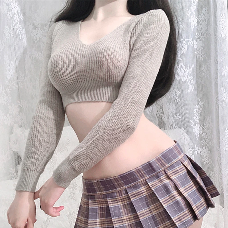 2023 New Women Sexy Hollow Out Knitted Crop Top Sweater Erotic Perspective Pullovers Costume Ladies Pullover Knitwear Clothes