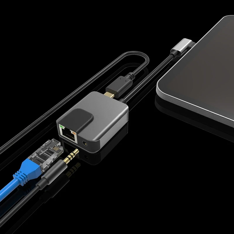 3 In1 USB Type-C Adapter with 3.5mm Audio Jack 1000Mbps RJ45 Ethernet with PD3.0 Fast Charging for Gaming Phones-ABVP