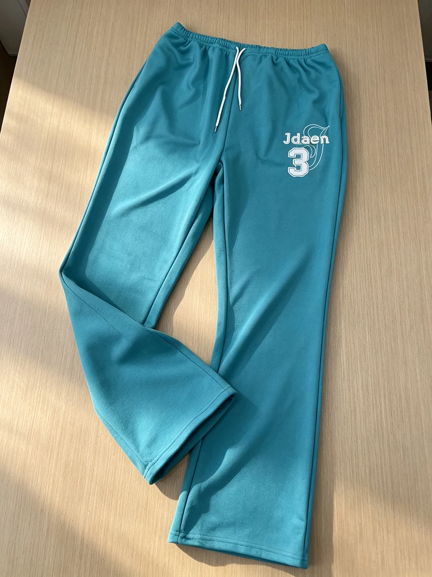 Harajuku Streetwear Women Letter Print Flare Pant High Elastic Waist Drawstring Slim Bootcut Jogging Casual Sports Sweat Trouser