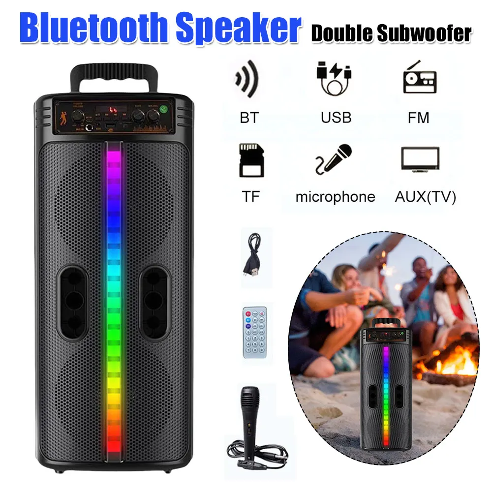 

Bluetooth-Compatible Speaker Wireless Portable Speaker FM Radio Double Subwoofer Stereo Loud Speaker Colorful Lights for Outdoor