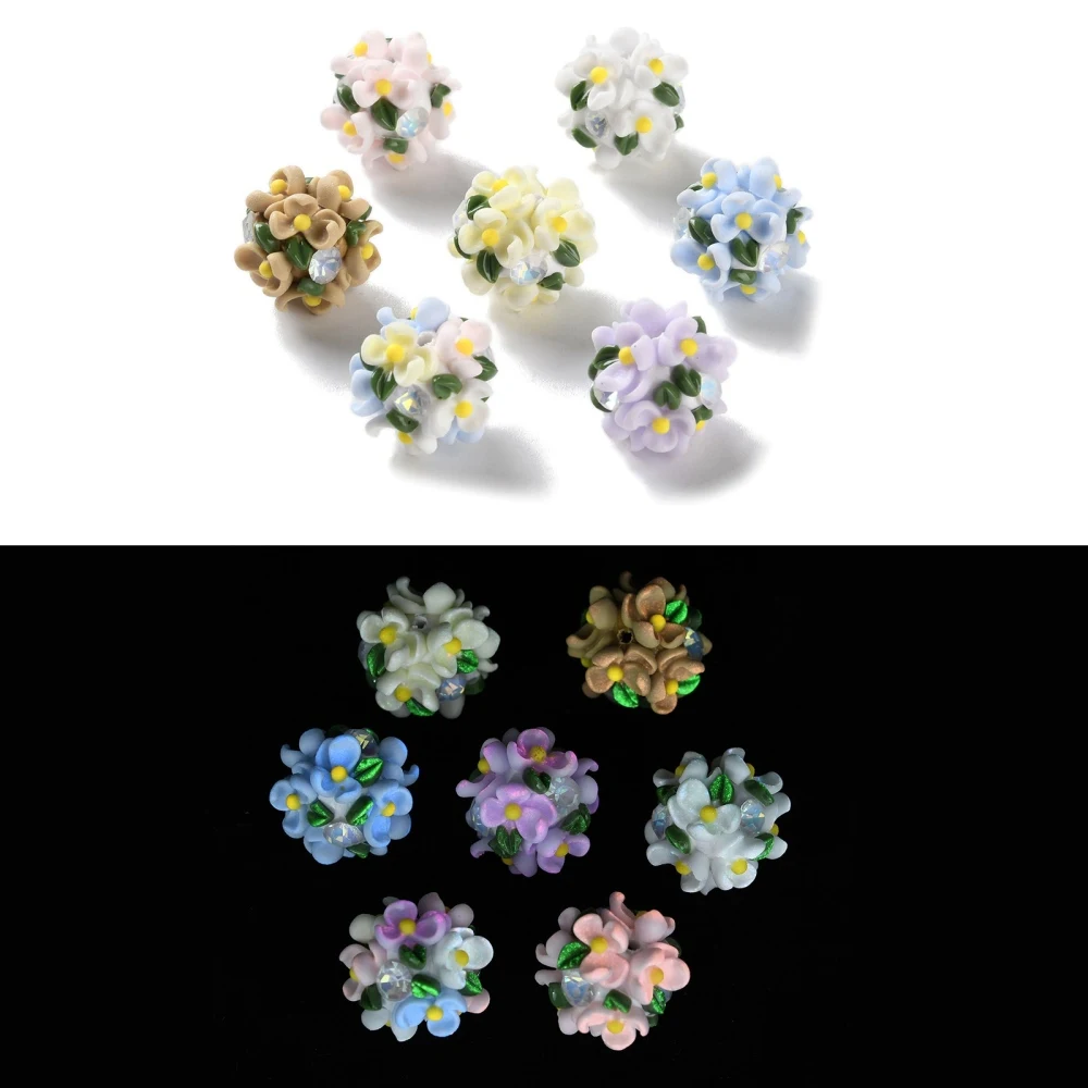 20Pcs Flat Round Luminous Polymer Clay Rhinestone Beads Round with Flower Loose Bead for Jewelry Making DIY Crafts Accessories