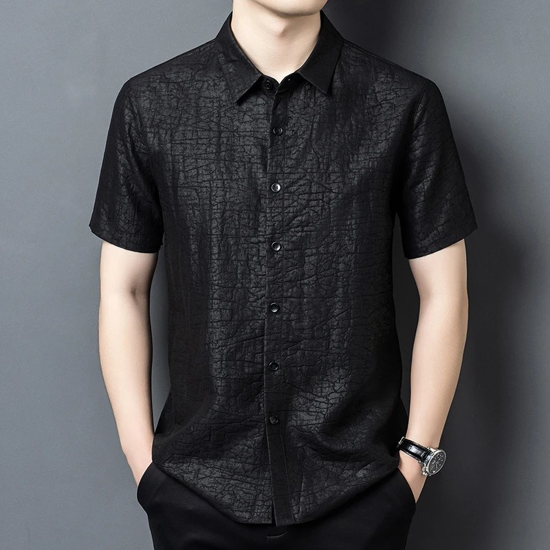 Crack Gambiered Canton Gauze Shirts For Men Short Sleeve Luxury Summer Quality Geniune Silk 100% Skin-Friendly Camisas De Hombre