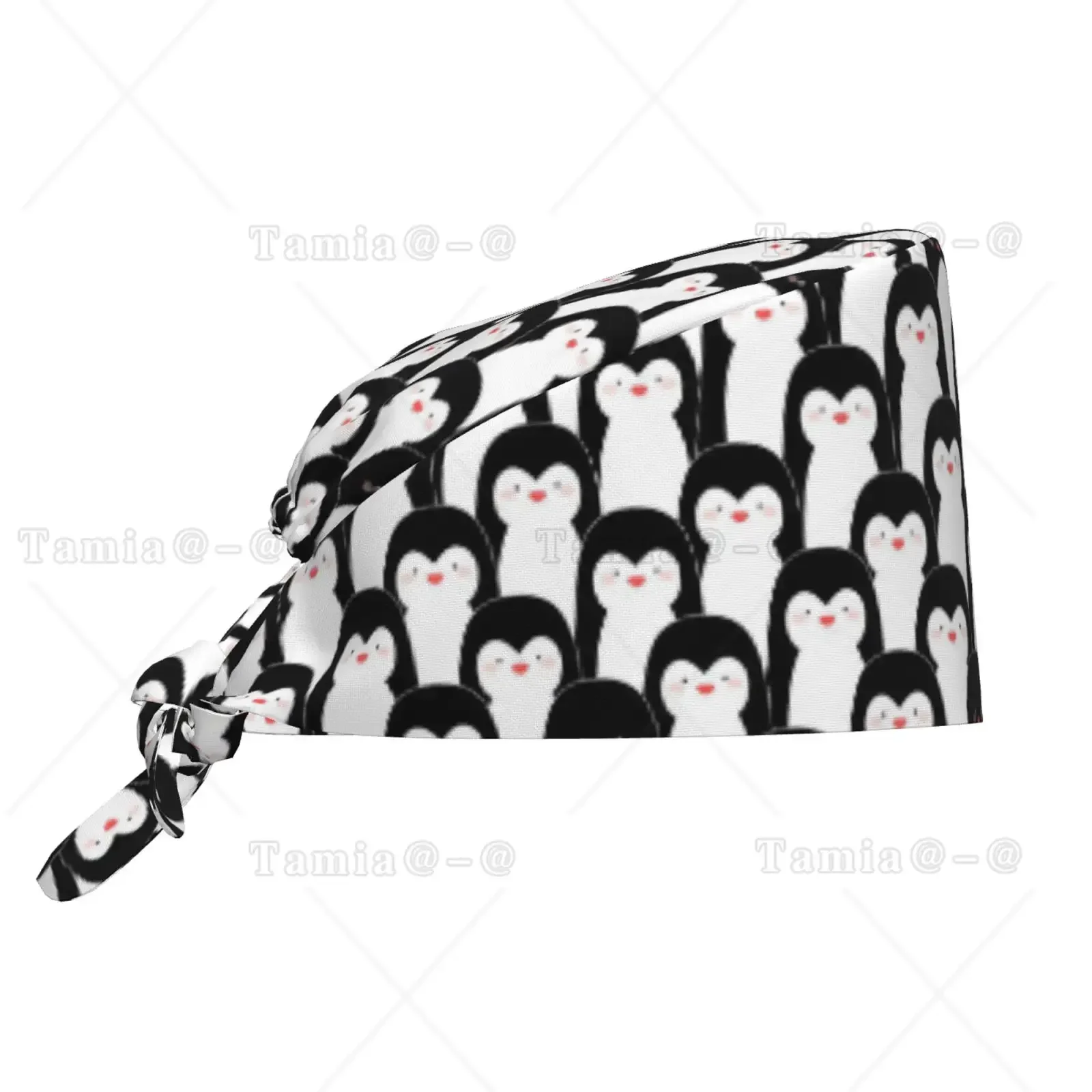 Cute Penguin Printed Work Hat for Men and Women, Nurse Doctor Hat with Elastic Band, Bundle Back Hat