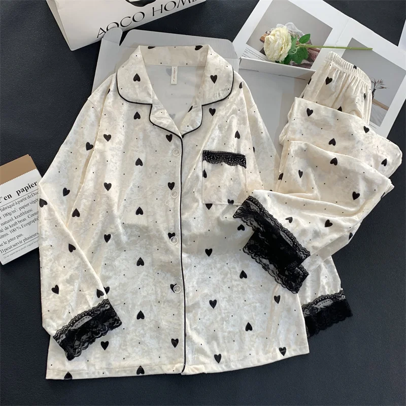 

Pajama Sets Matching For Couple Women Velvet Gorgeous Holiday Embroidery Warm Soft Feel Stretchy Zipper Button Autumn Winter Ins