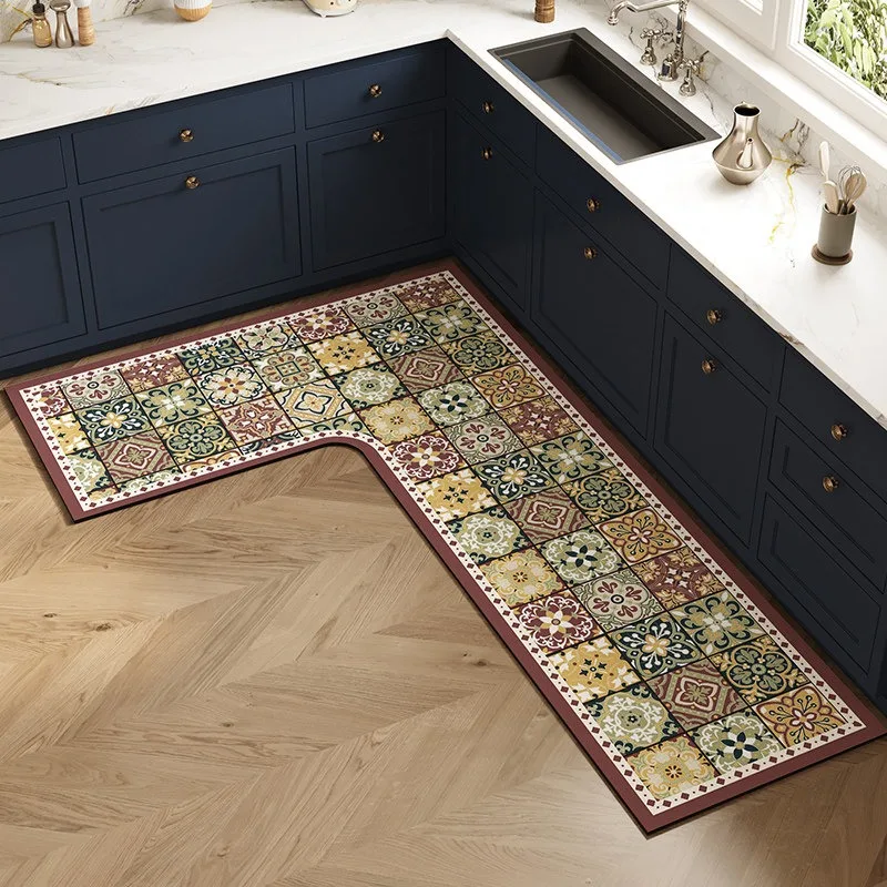 L-shaped Kitchen Floor Mat Anti-slip Carpet Oil-proof PVC Washable Mats Vintage Light Luxury Home Decoration Rug Tappeto Cucina