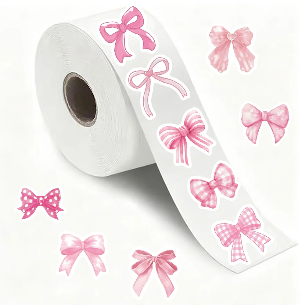 500PCS pink bow tie roll stickers, 10 pattern styles, decorate thermos cups, laptops, computers, waterproof stickers
