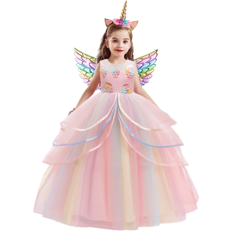 Summer Colorful Unicorn Girls Dress Lace Party Birthday Cosplay Princess Kid Dresses for Girl Christmas Bridemaid Flower Costume