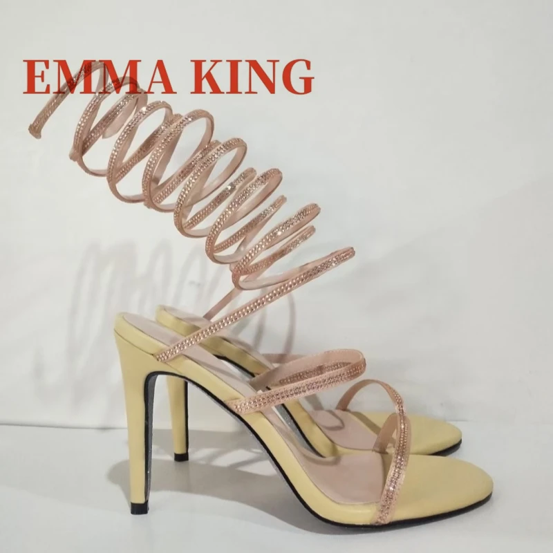 المرأة حجر الراين الكاحل لف الصنادل جولة تو الخنجر الكعوب الصيف الصنادل مثير كريستال ديكور ملهى ليلي فستان أحذية 43