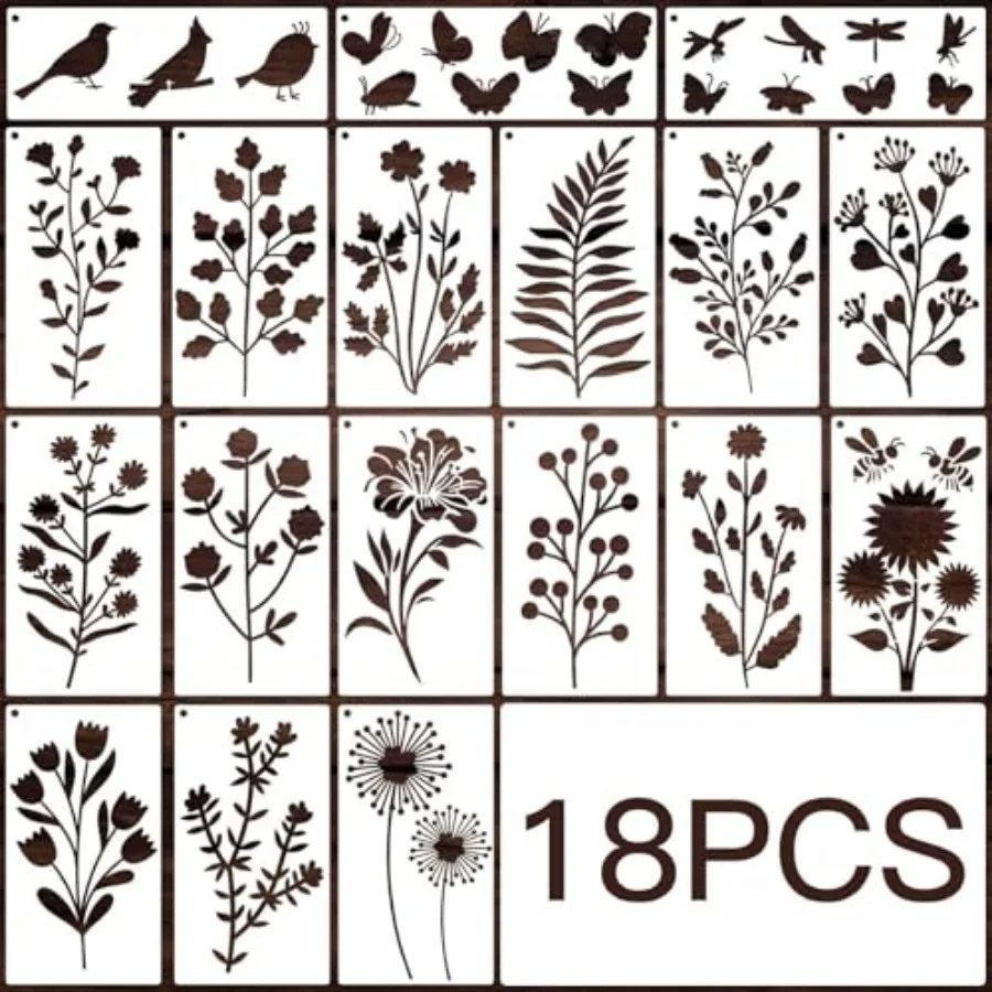 

18Pcs Flower Stencils for Painting - Reusable Wildflower Stencils with Birds, Butterflies and Wild - DIY Craft Templates for Wa