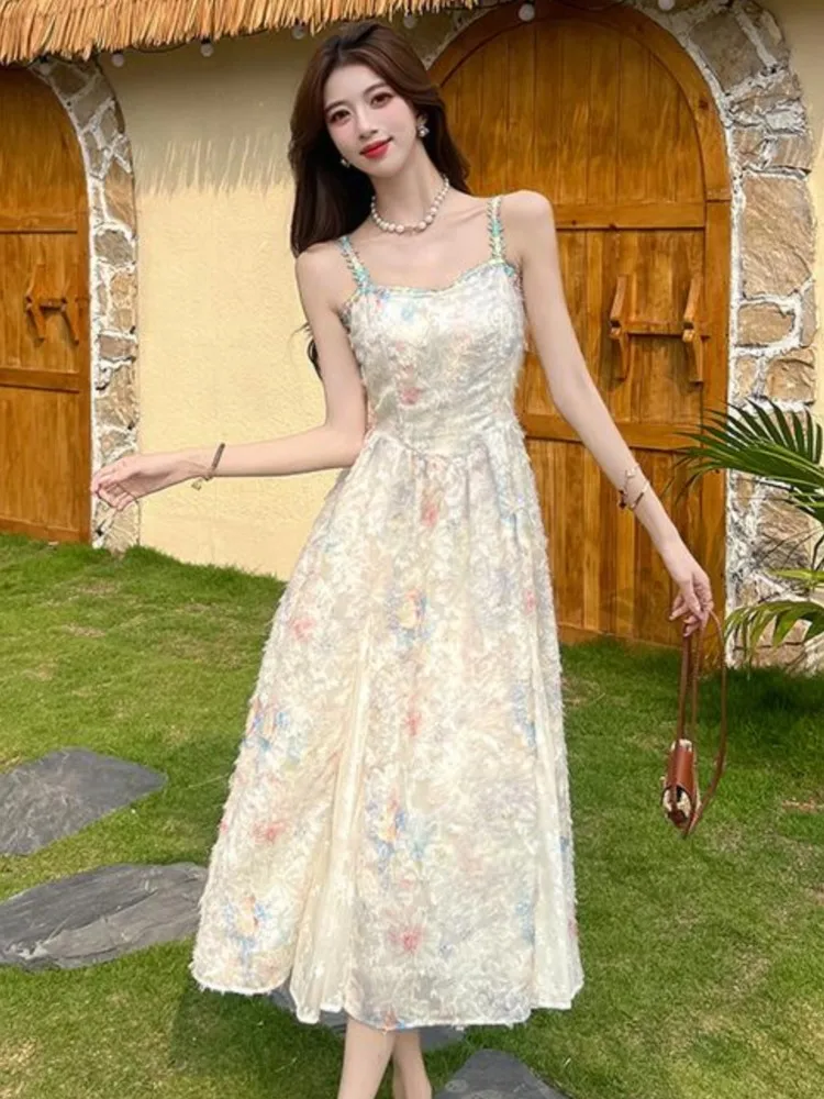 

French Floral Print Women Dress Elegant Fashion Lace Splicing A Line Spaghetti Strap Long Dresses Summer Holiday Travel Clothes