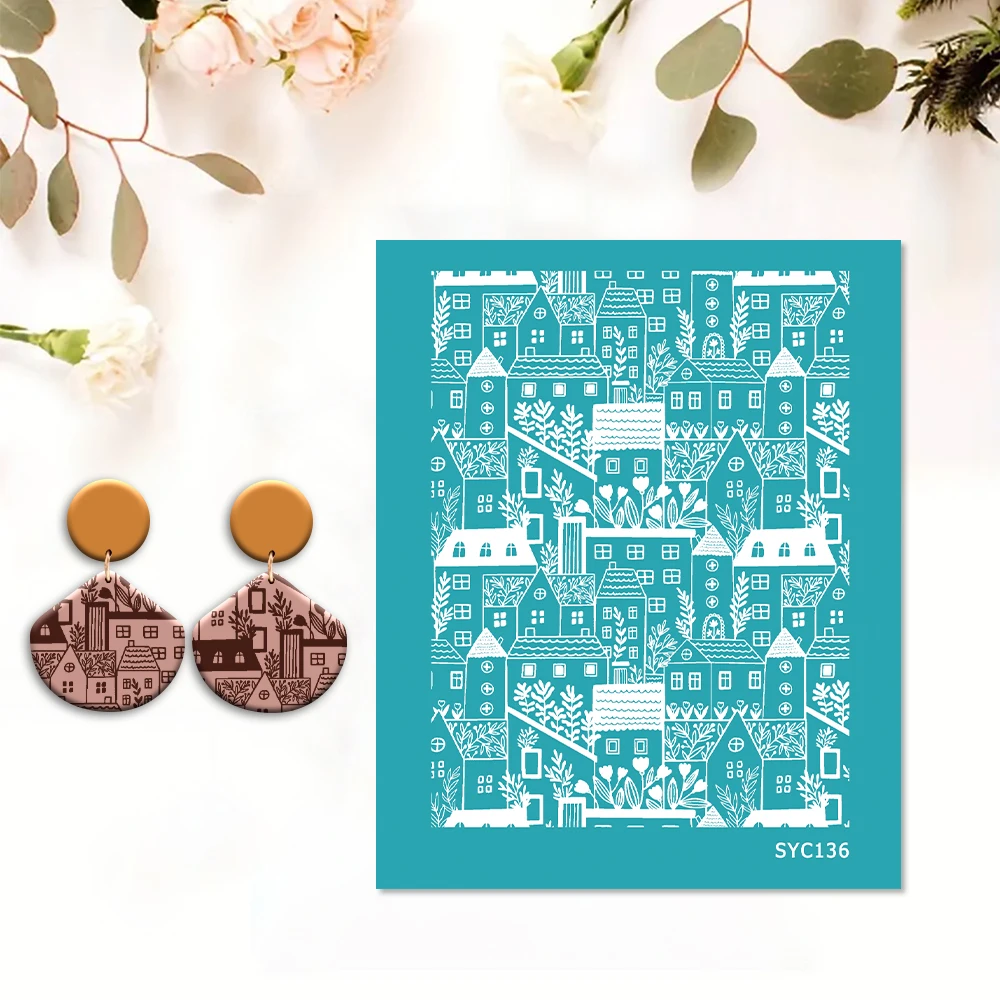 House Buildings Floral Wavy Line Polymer Clay Silk Screen Stencils for Printing Clay Stamps Jewelry Earrings Decor Template