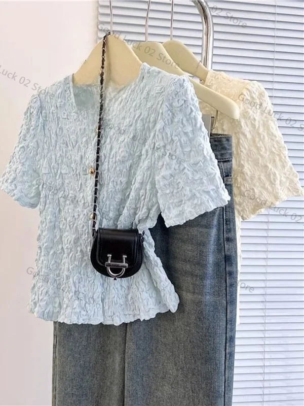 

2025 Chic Pleated ort Sve T-irt Women's Summer 2025 New Sle Korean Loose Fit round Ne Single Button Closure Pure Color