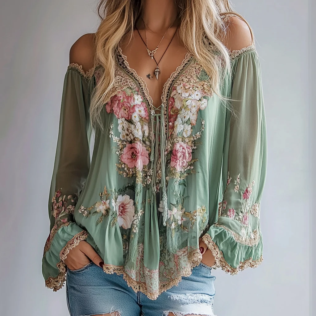 

Women's Blouse Floral Cold Shoulder Lace Trim Ruffle Long Sleeve Blouse Casual Chic Bohemian Styles Blouse Top For Spring Summer