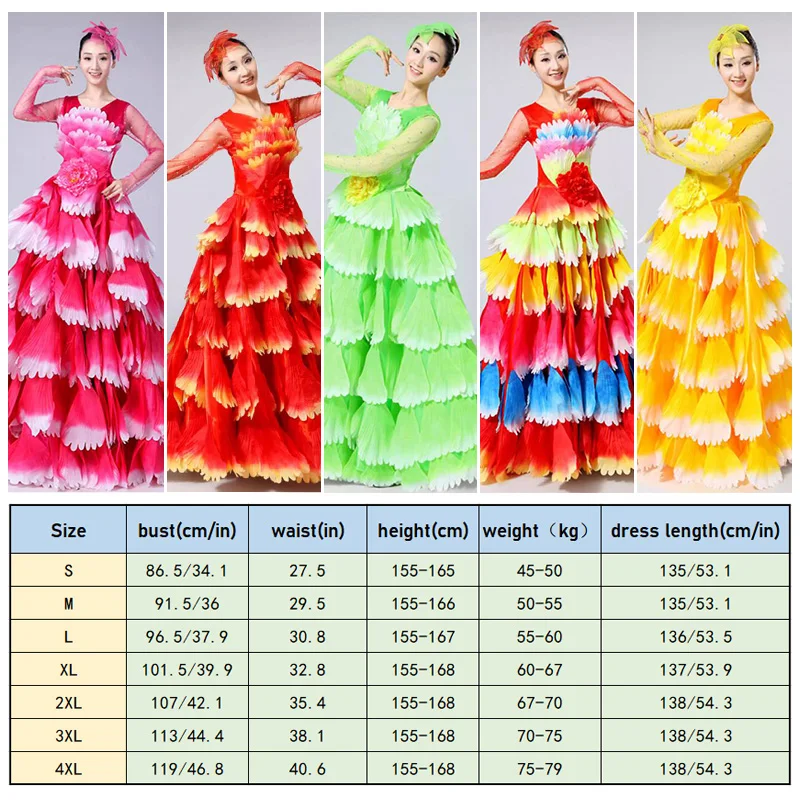 Damen Spanisches Flamenco Stierkampf-Kleid, Eröffnungstanz, Großer Schwung, Blütenblatt-Design, Klassische Kleider, Bühnentänzerin, Performance-Rock, Kostüm – Detail 1