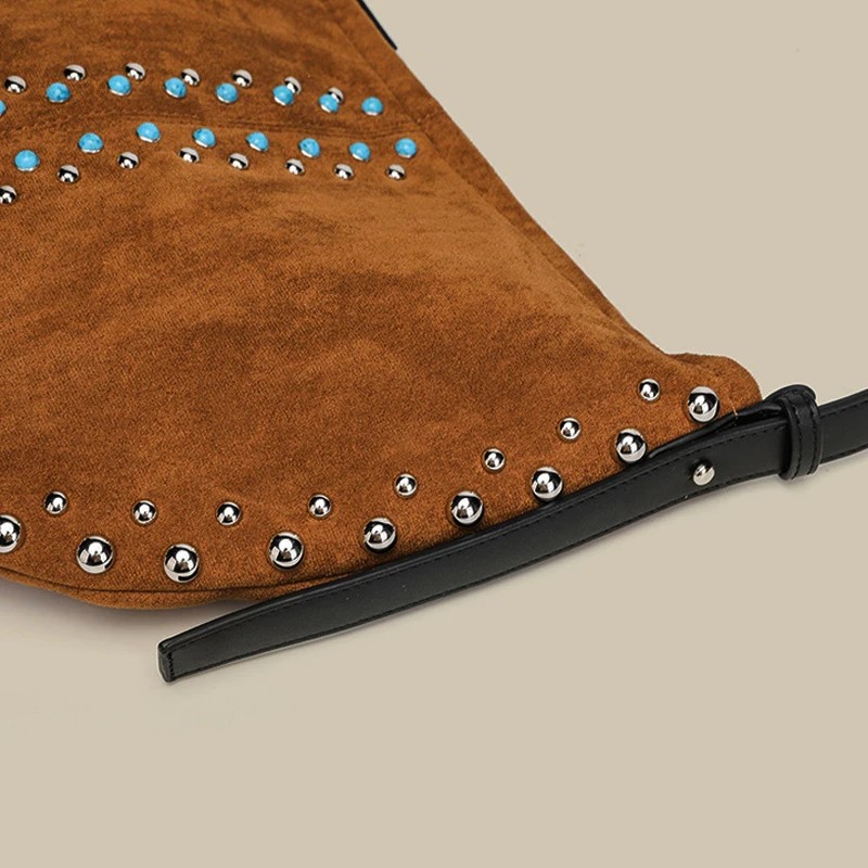 Vintage Faux Suede Slim Half Moon Bags For Women Luxury Designer Handbag Purse 2026 New In Inlaid Beaded Rivet Underarm Shoulder