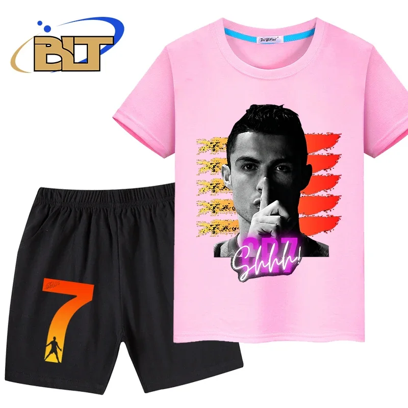 Ronaldo head print abbigliamento estivo per bambini t-shirt per bambini set pantaloncini a maniche corte in puro cotone set da 2 pezzi regali per