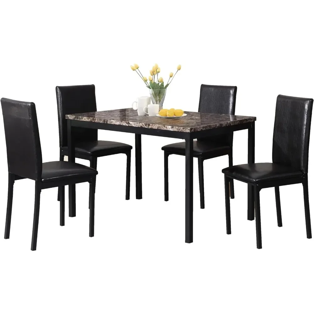 5-piece marble dining table set, black dining chair set with soft cushions, 30 x 48 x 30 inches, free shipping