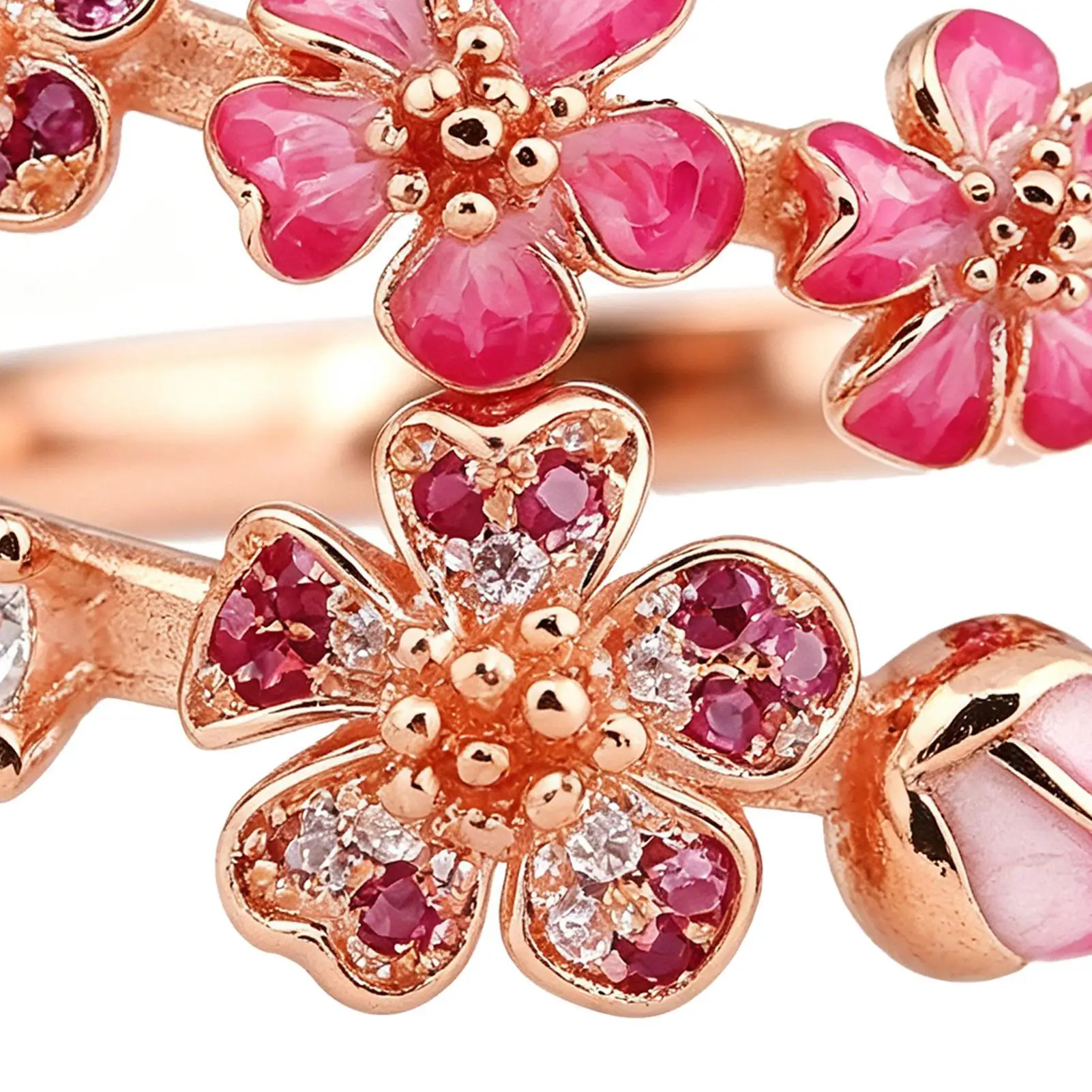 Adjustable Open Women Peach Blossom Ring Gemstone Embellished Rose Gold Plated Blossom Ring Crystal Party Gift view 5