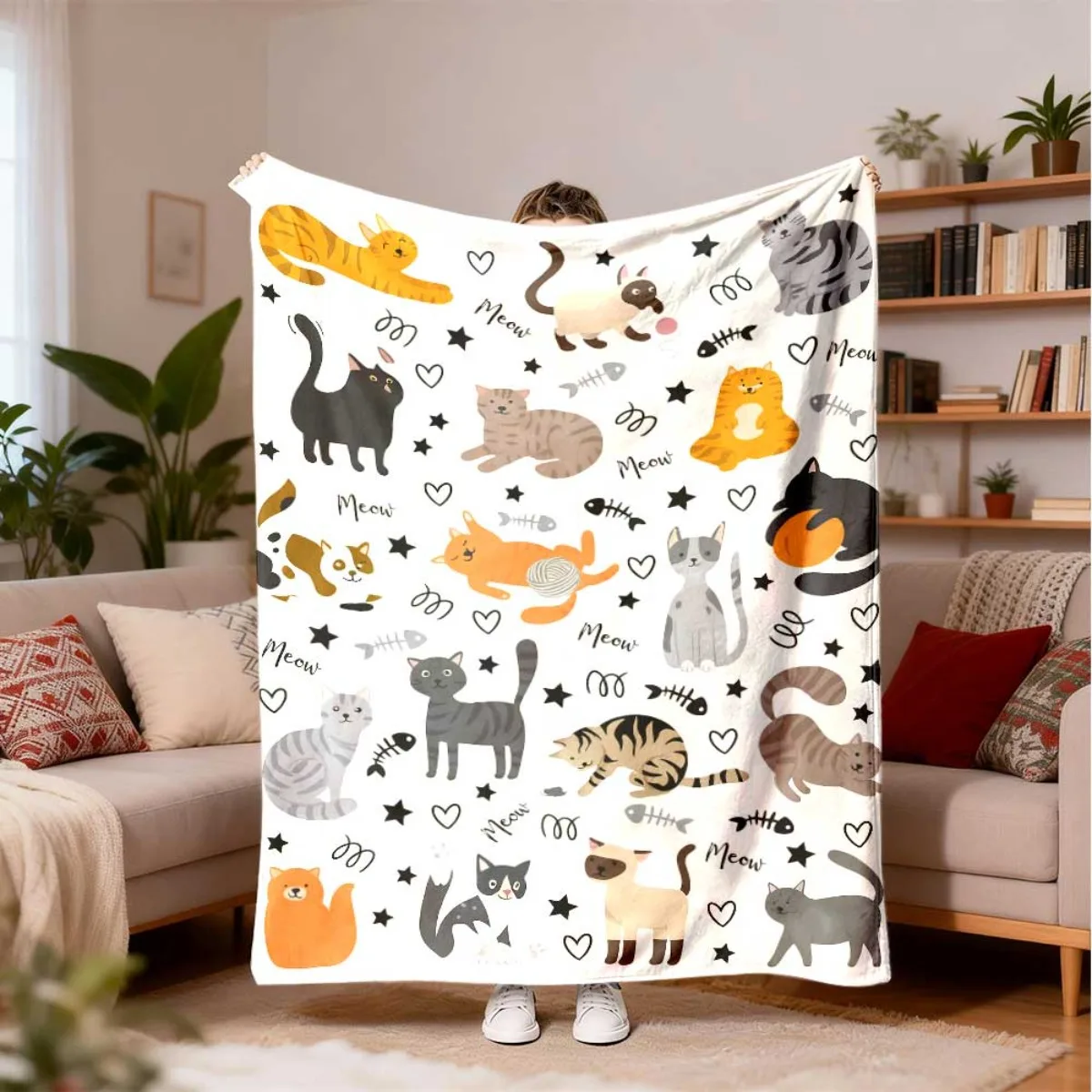 Cute Cat Pattern Blanket Adorable Feline Print Throw For Sofa Living Room Cozy Home Decor Accent Gift Idea Modern Style