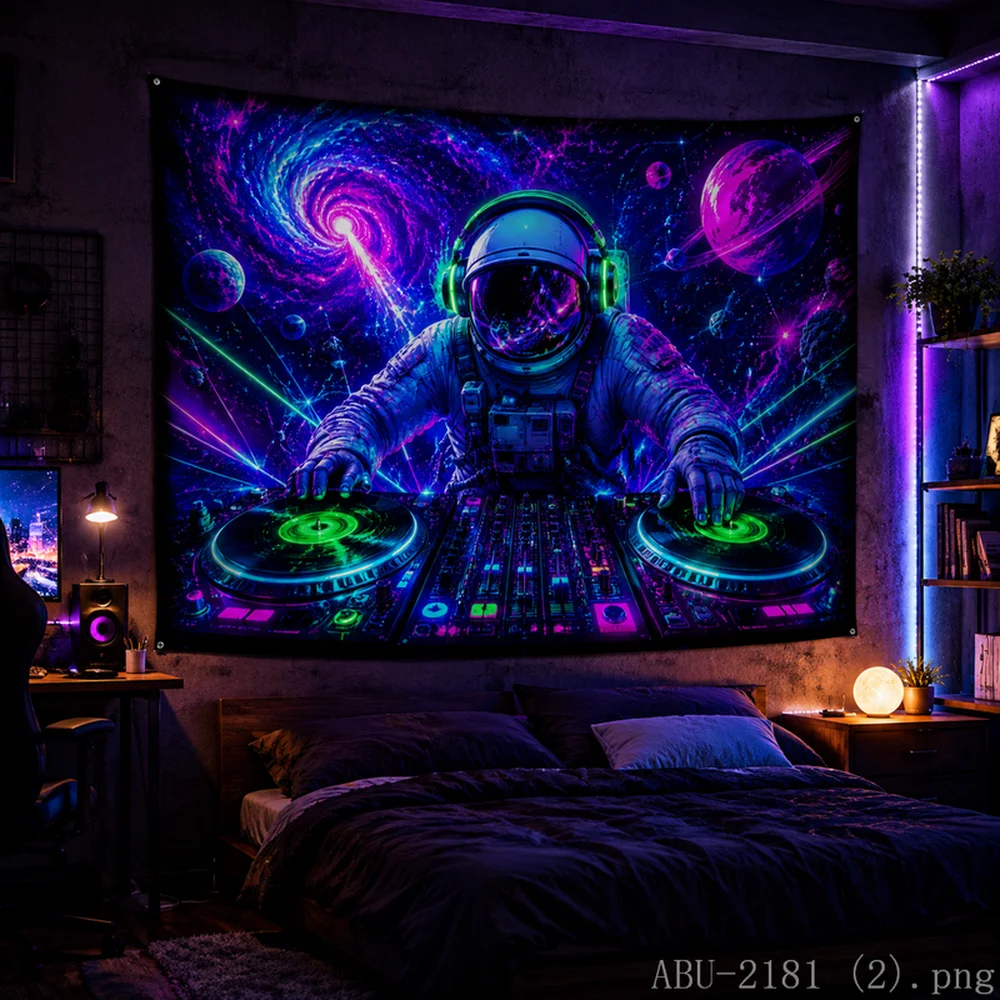 VIKAMA Psychedelic Turntable DJ Tapestry Vibrant Space Astronaut Wall Hanging Modern Home Decor