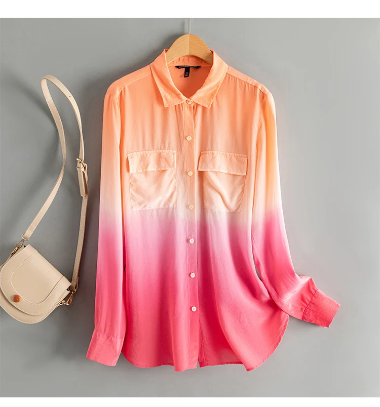 

Новая шелковая удобная рубашка из двойного крепа для женщин, тонкий градиент цвета, женский воротник