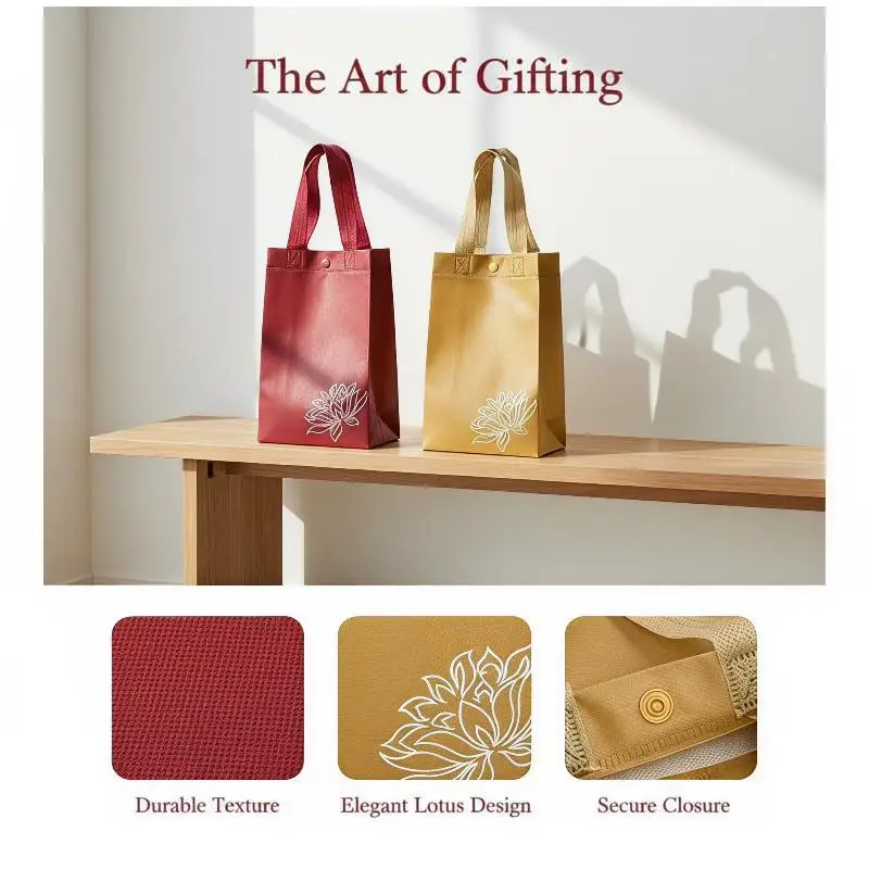 Reusable Waterproof Nonwoven Gift Bag Lotus Print Snap Closure Wedding Party Holiday Shopping