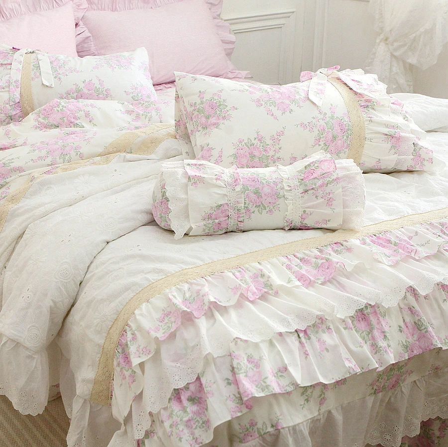 Princess Lace Rose Bedding Set Ruffle  Cake Design Heavy Handmade Duvet Cover for King Beddings