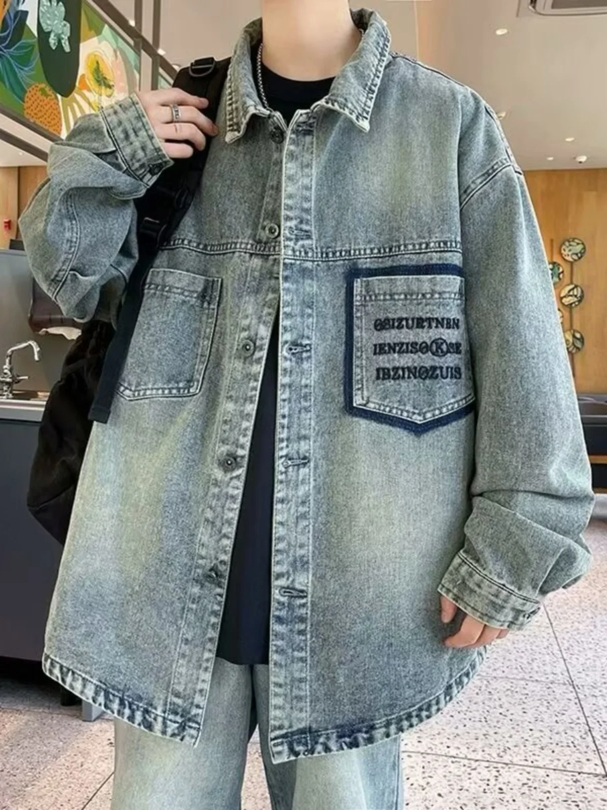 

Мужская джинсовая куртка Waed Denim Jaet, весенне-осенняя, свободного кроя, повседневная, с воротником, молодежная, модная, с принтом, с длинными рукавами, верхняя одежда