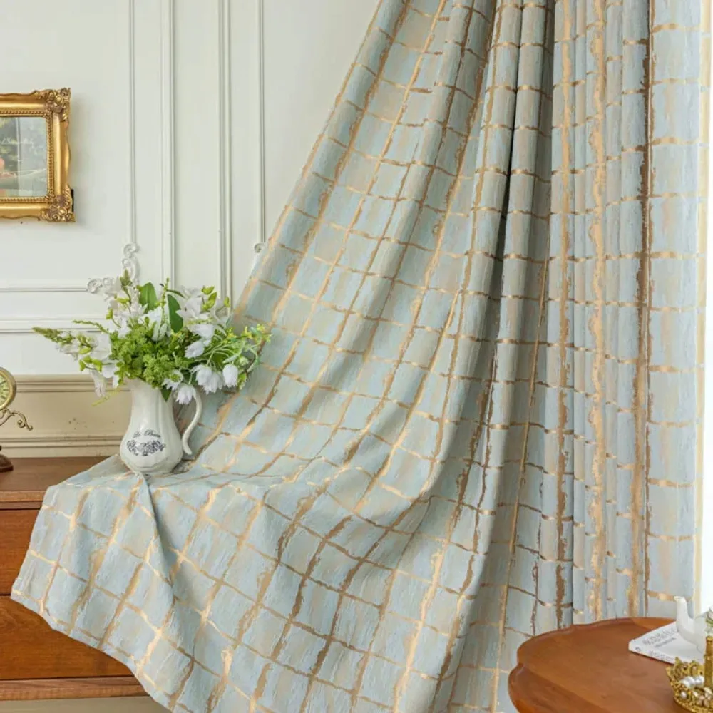 Nordic Modern Blue Gold Grid Geometric Shading Curtains, Retro Jacquard Texture Living Room Bedroom