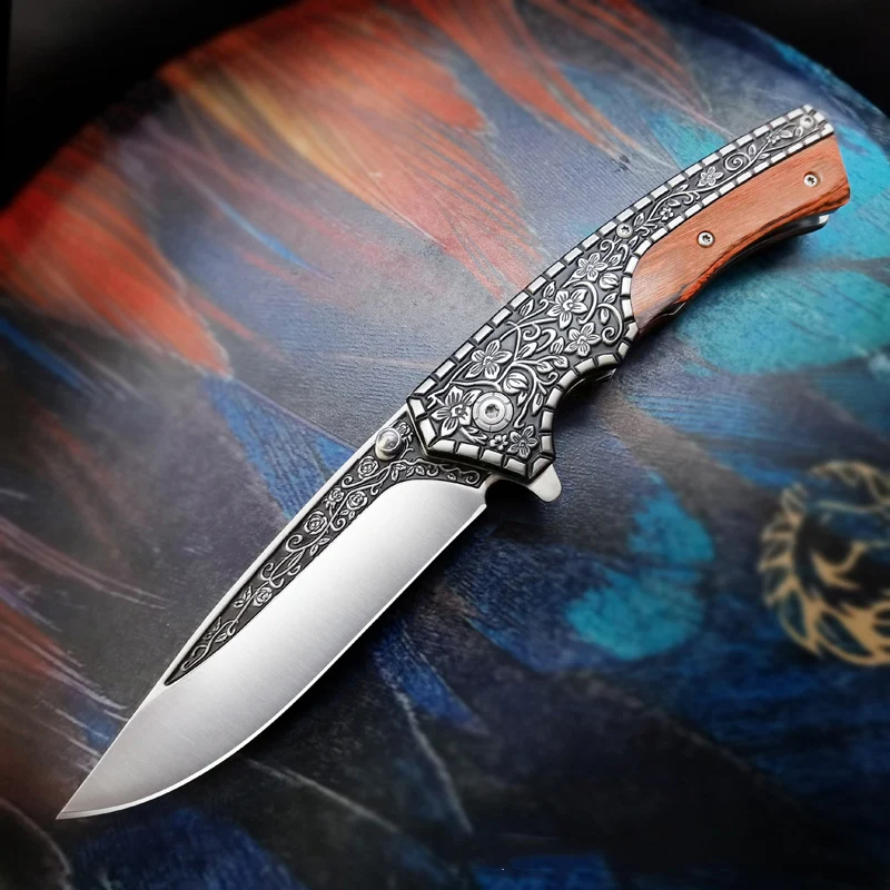 

Flower Relief Outdoor Folding Knife Camping Self-defense Wooden Handle Carved Floral Portable Knife Hand Tools