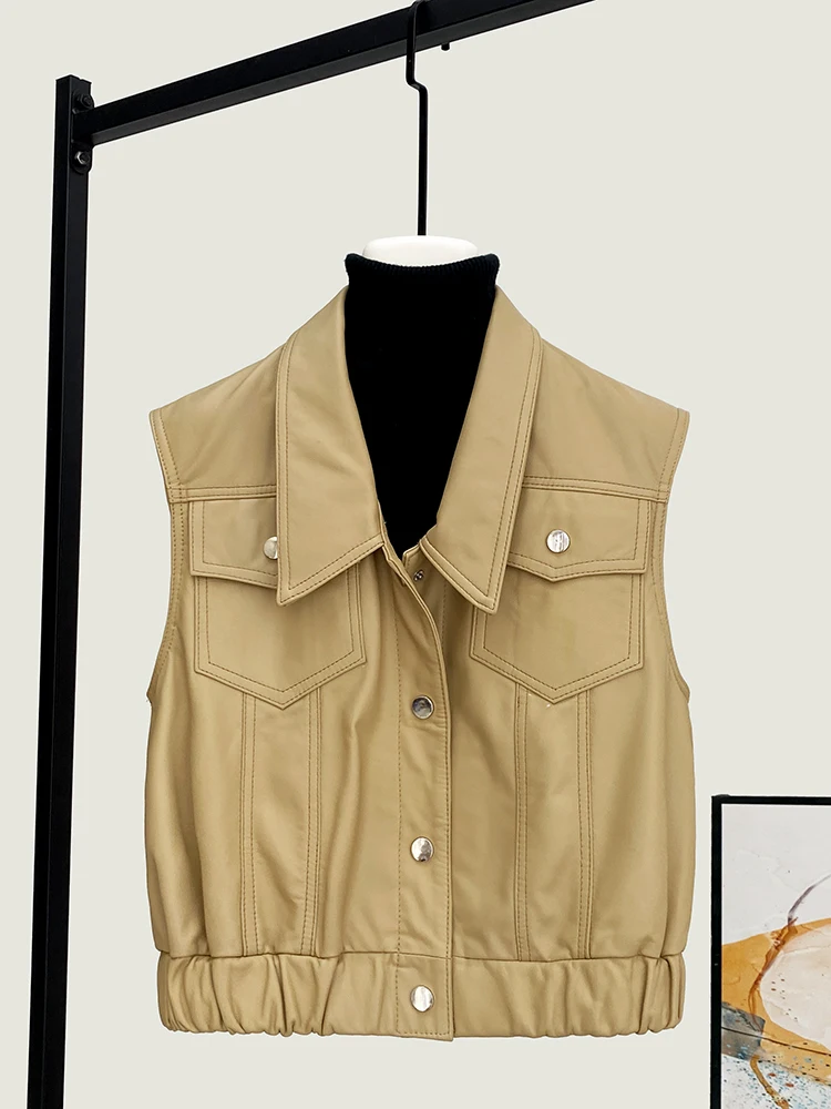 

2025 Spring New High Quality Genuine Real Leather Vest Female Fashion Collar All-Matching Short Loose Sheepskin Waistcoat