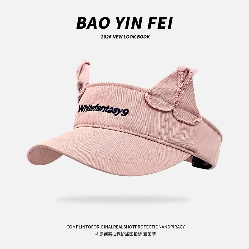 Japanese Cute Cat Ears Empty Top Sunscreen Hat Summer Outdoor Sports Sunshade Embroidered Letter Baseball Cap for Women  Gorros