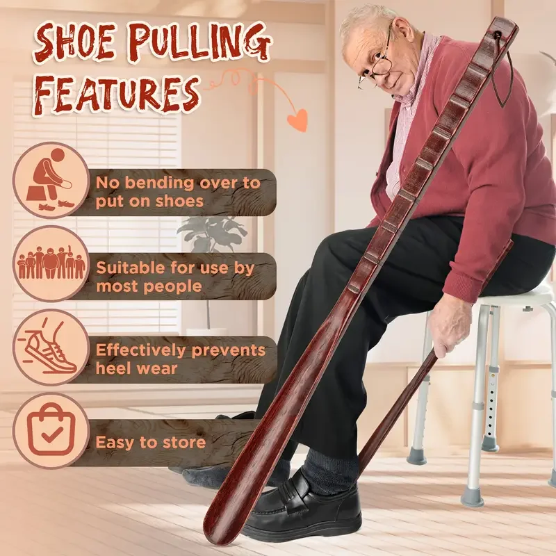 1pc wooden shoehorn with long handle-no need to bend over, suitable for old people, ladies and men's shoes and boots. image 2