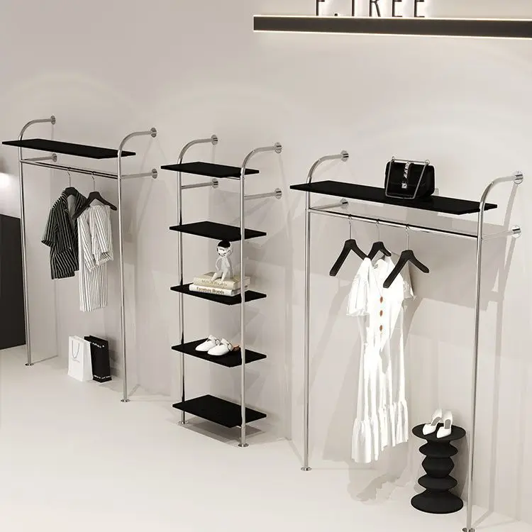 Women's clothing store, shoes, bags, accessories, black shelves, wall display racks, clothing store, stainless steel floor-to-ce