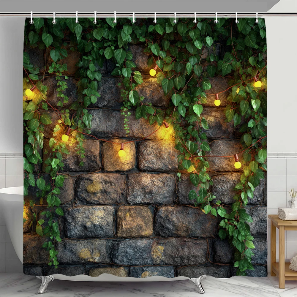 Rural Brick rock and plant landscape Shower Curtain, Floral  Decorative Bathroom Curtain, polyester Shower Curtain with Hooks