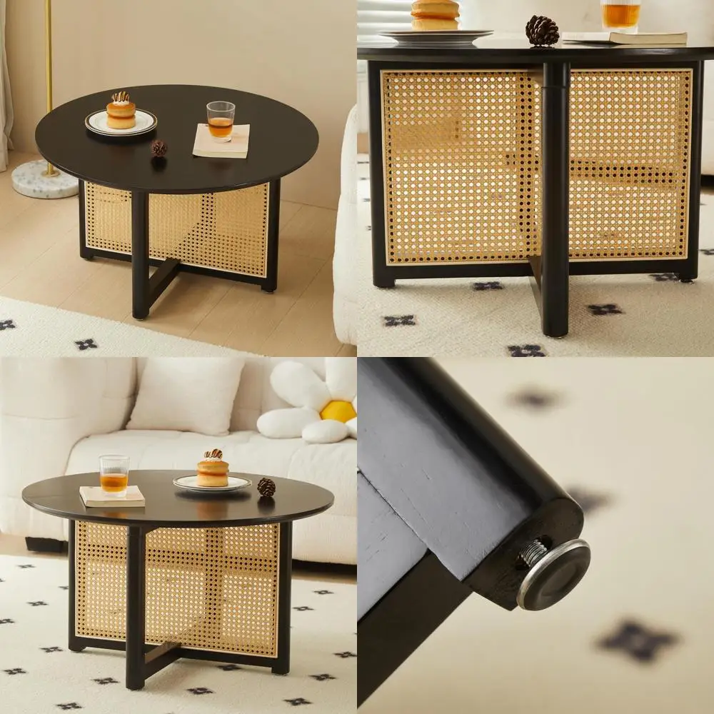 

Rattan and Solid Wood Coffee Table - 31.5 Modern Rustic Accent Table for Living Room, Bohemian Style