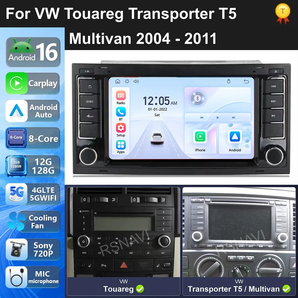 Car Radio Multimedia 7 Inch Android 16 For VW Touareg Transporter T5 Multivan 2004-2011 carplay auto dsp bt 4g GPS Navigation