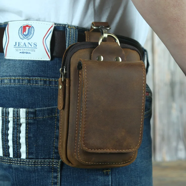Top layer cowhide color-coated waist-hanging wallet, 6-inch mobile phone storage, flip cover, multi-pocket work waist bag