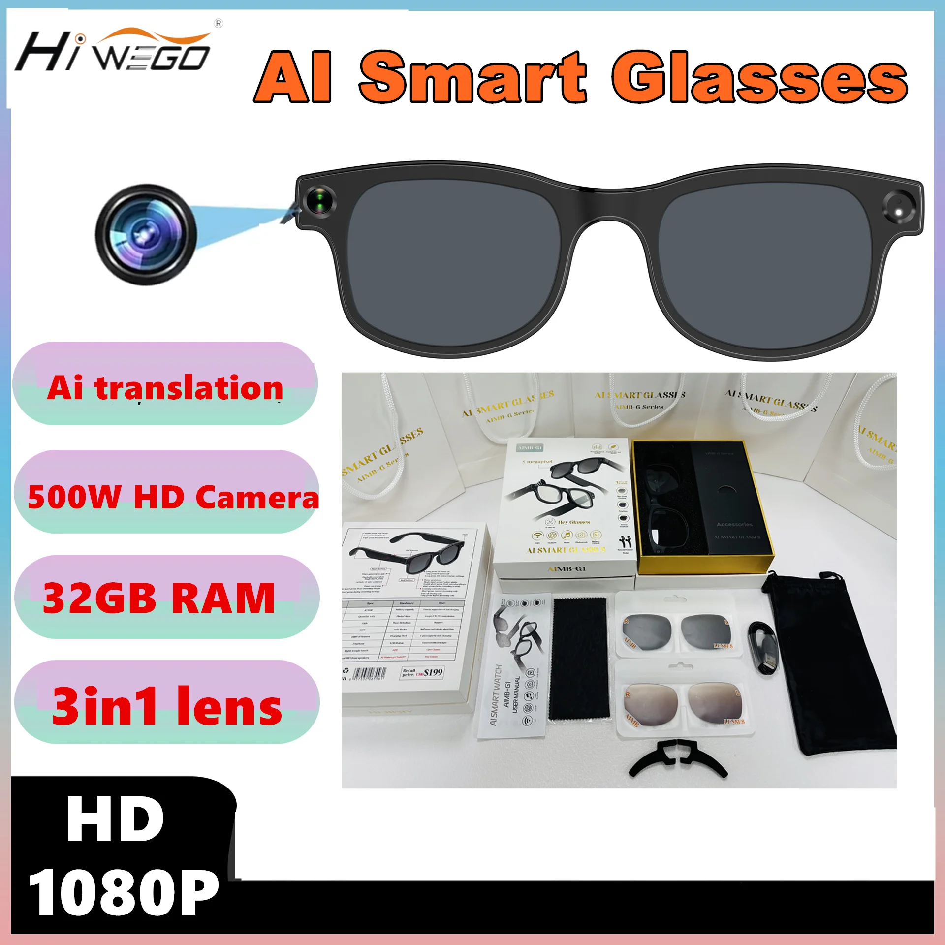 

Hiwego New 3IN1 Voice Assistant AI Translation 1080P HD Camera Bluetooth Call Outdoor Sports Headphones Sunglasses For Men Women