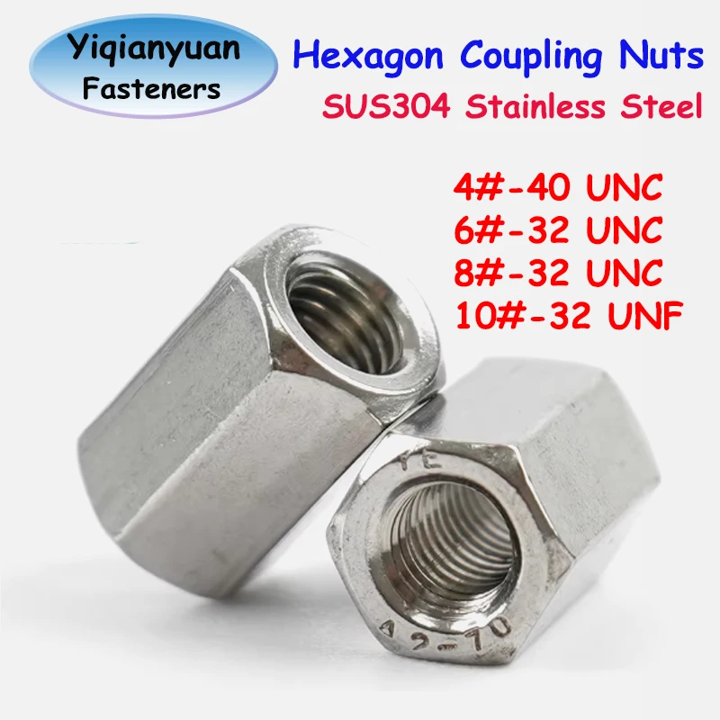 Beicai GB56 4# 6# 8# 10# UNC UNF SUS304 Stainless Steel Extend Lengthen Hexagon Coupling Nuts Connector Joint Sleeve Nuts