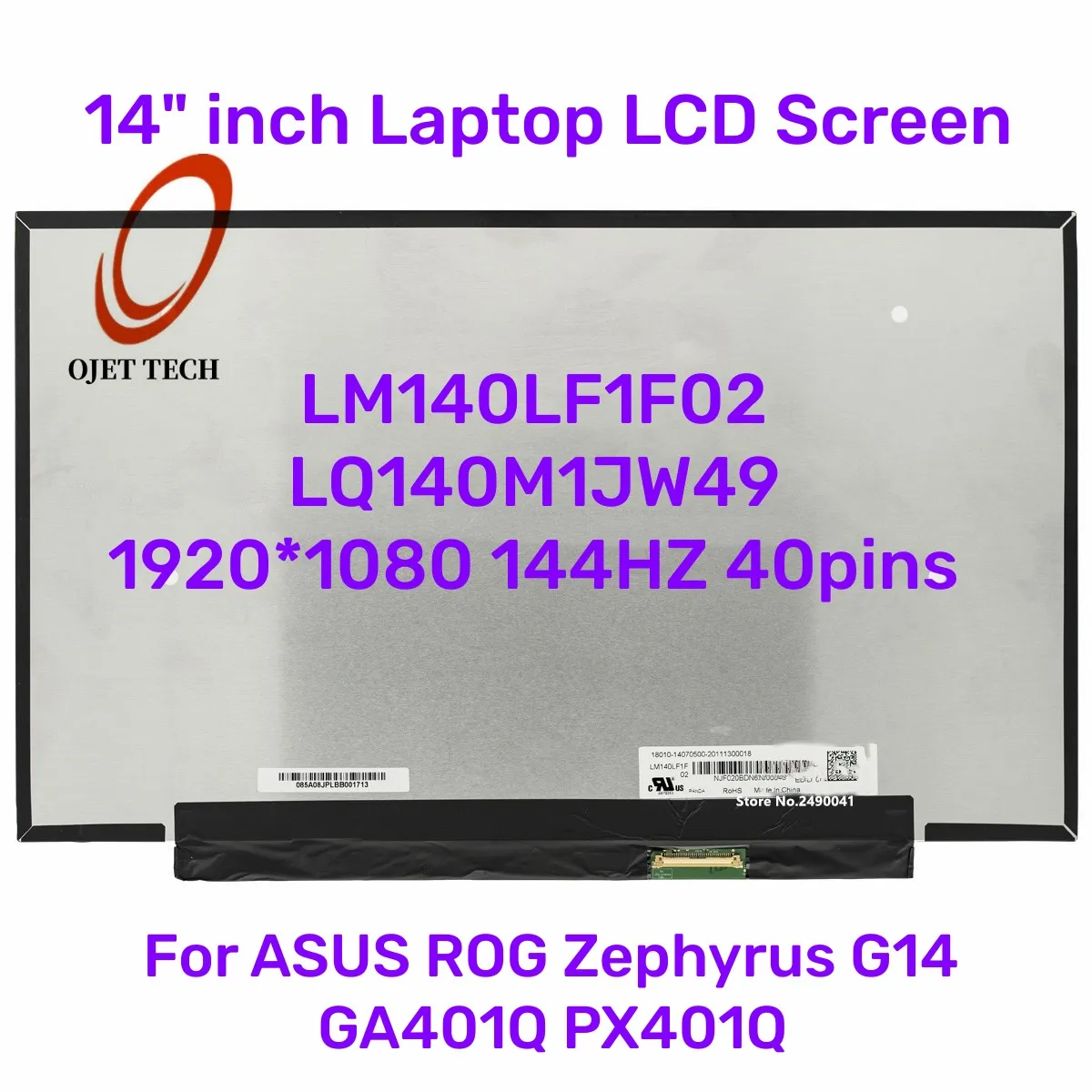 

14" 144Hz IPS Laptop LCD Screen LM140LF1F02 LQ140M1JW49 LM140LF1F01 120Hz For ASUS ROG Zephyrus G14 GA401Q PX401Q 40pins eDP