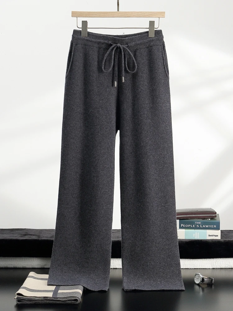 

TLOML Men 100% Cashmere Knitted Wide Leg Pants Autumn Winter Thicken Warm Smart Casual Cashmere Knitwear Drawstring Comfy Pants