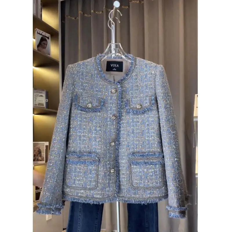 

Elegant Tweed Jacket Coat Women Spring Short Sleeve Single-Breasted Open Stitch Short Coat Girls Fashion High Streetwear Q77