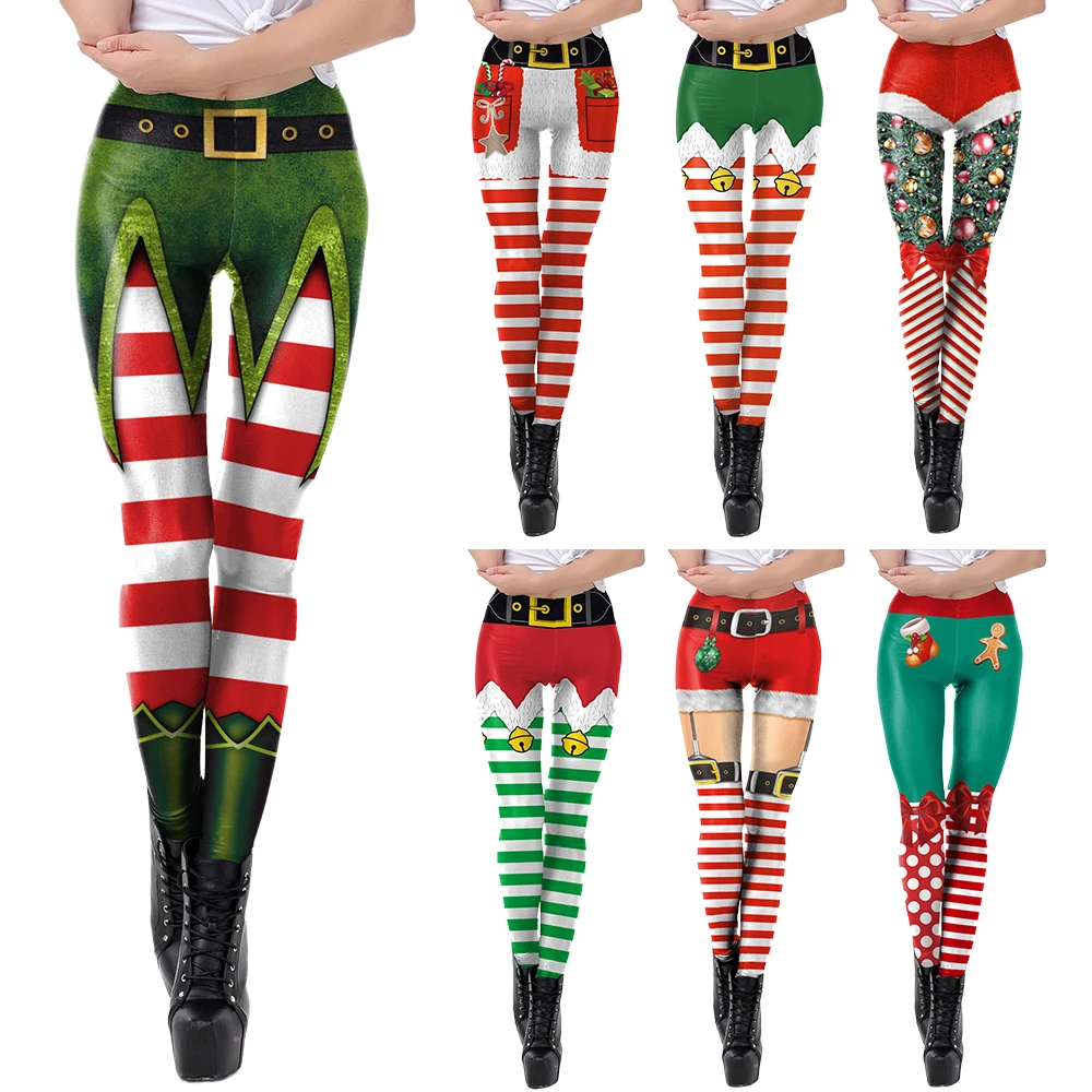 

[You're My Secret] Cospaly Womens Leggings Xmas Stretchy Stripe 3D Printed Pants Elf Dress Up Bottoms Christmas Party Trousers