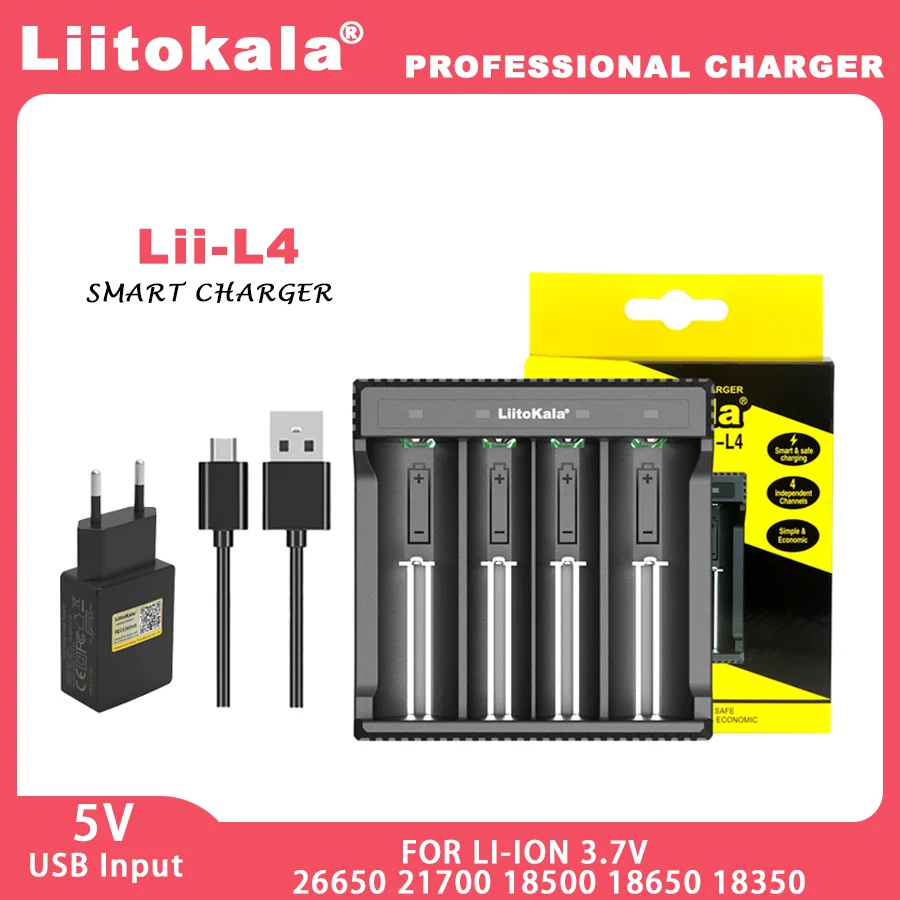 LiitoKala-Carregador de Bateria Recarregável, Lii-L16340, Lii-L4, 4-Slot, 3.7V, 16340, CR123A, CR17335 Baterias